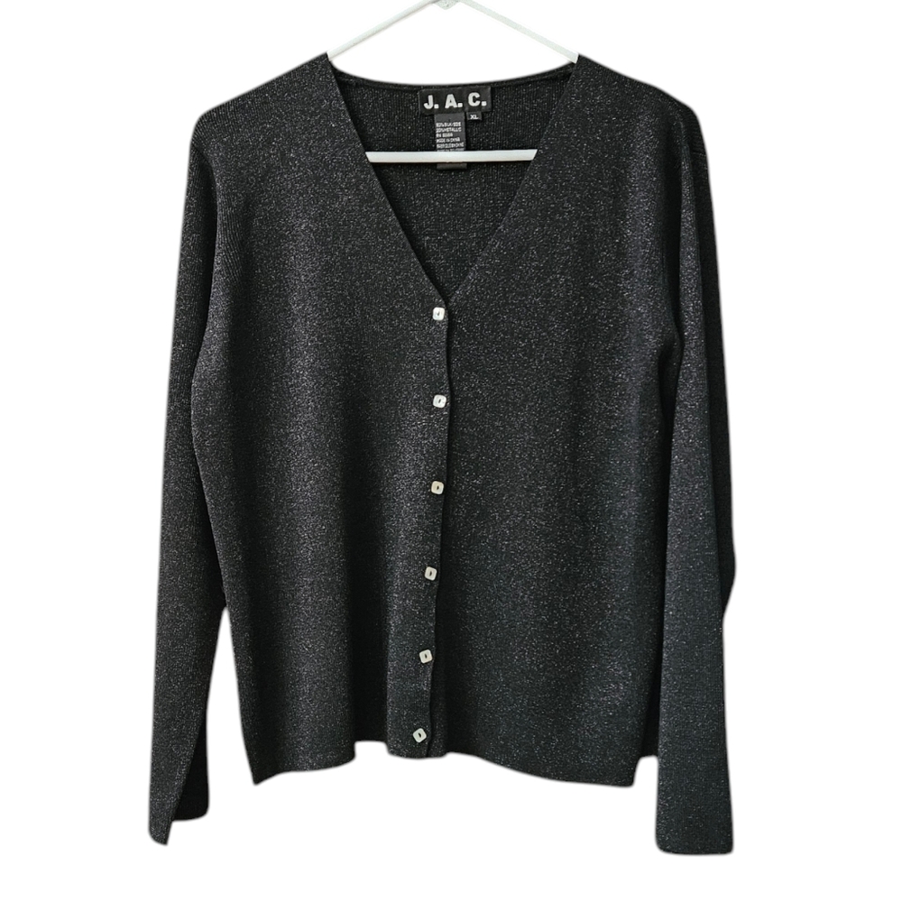 J.A.C. Women's Cardigan Sweater Size XL Silk Blend Black Metallic V-Neckline